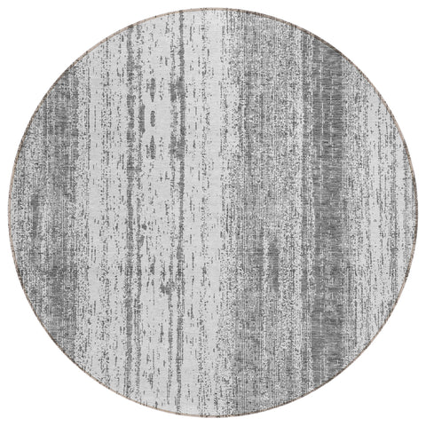 8' Gray And Ivory Round Striped Washable Indoor Outdoor Area Rug