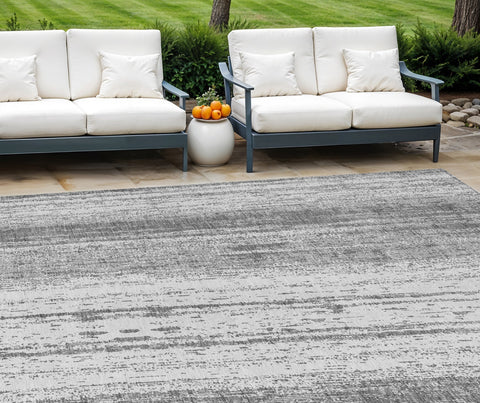 8' X 10' Gray And Ivory Striped Washable Indoor Outdoor Area Rug