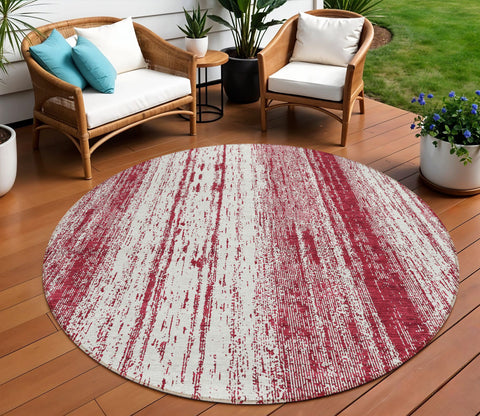 8' Merlot And Ivory Round Striped Washable Indoor Outdoor Area Rug