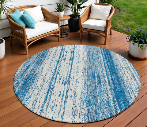 8' Navy Blue And Ivory Round Striped Washable Indoor Outdoor Area Rug