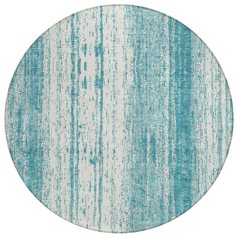 8' Teal Blue And Ivory Round Striped Washable Indoor Outdoor Area Rug