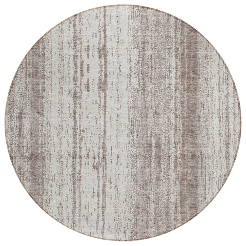 8' Taupe And Ivory Round Striped Washable Indoor Outdoor Area Rug