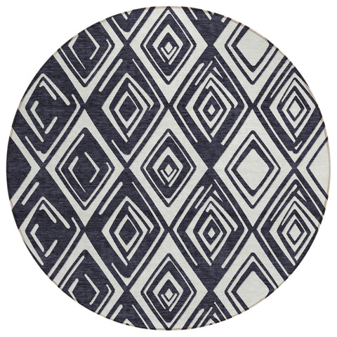8' Black And Ivory Round Geometric Washable Indoor Outdoor Area Rug