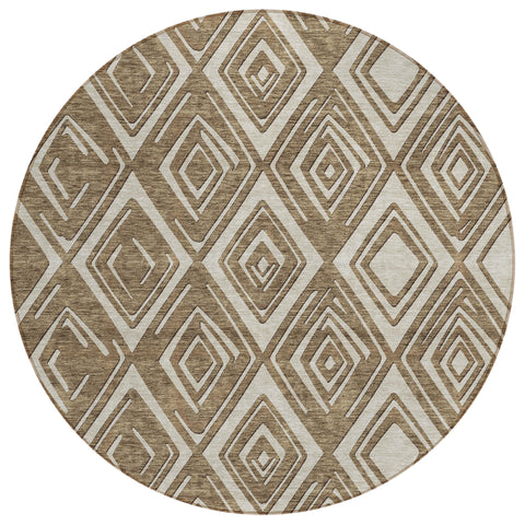 8' Brown And Beige Round Geometric Washable Indoor Outdoor Area Rug