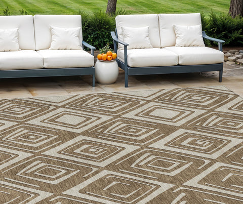 8' X 10' Brown And Beige Geometric Washable Indoor Outdoor Area Rug