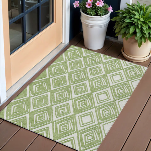 3' X 5' Green And Ivory Geometric Washable Indoor Outdoor Area Rug