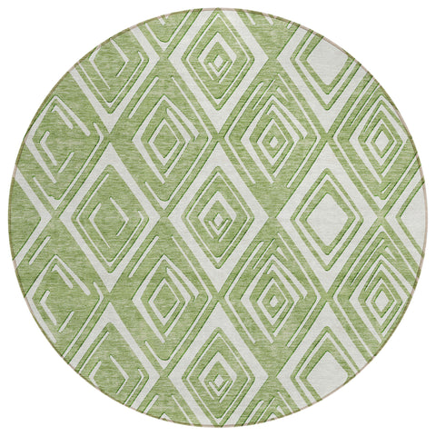 8' Green And Ivory Round Geometric Washable Indoor Outdoor Area Rug