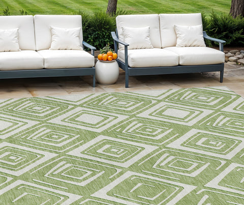 8' X 10' Green And Ivory Geometric Washable Indoor Outdoor Area Rug