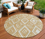 8' Gold And Ivory Round Geometric Washable Indoor Outdoor Area Rug