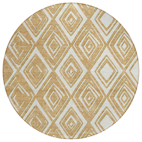 8' Gold And Ivory Round Geometric Washable Indoor Outdoor Area Rug