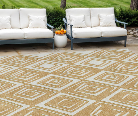 8' X 10' Gold And Ivory Geometric Washable Indoor Outdoor Area Rug