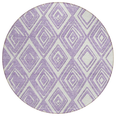 8' Lavender And Ivory Round Geometric Washable Indoor Outdoor Area Rug