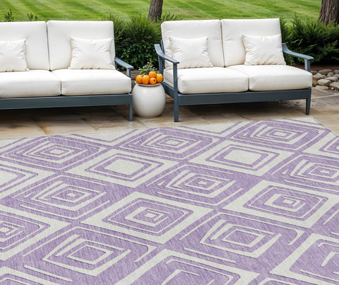8' X 10' Lavender And Ivory Geometric Washable Indoor Outdoor Area Rug