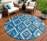 8' Navy Blue And Ivory Round Geometric Washable Indoor Outdoor Area Rug