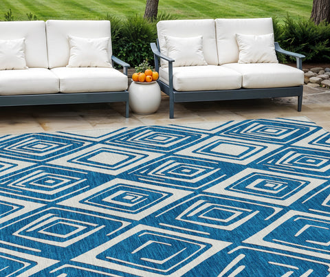 8' X 10' Navy Blue And Ivory Geometric Washable Indoor Outdoor Area Rug