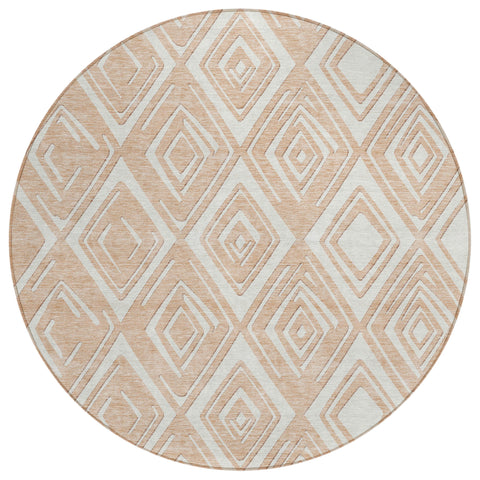 8' Peach And Ivory Round Geometric Washable Indoor Outdoor Area Rug