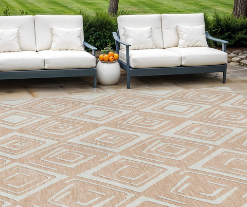 8' X 10' Peach And Ivory Geometric Washable Indoor Outdoor Area Rug