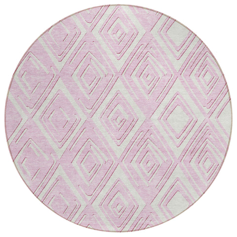 8' Pink And Ivory Round Geometric Washable Indoor Outdoor Area Rug