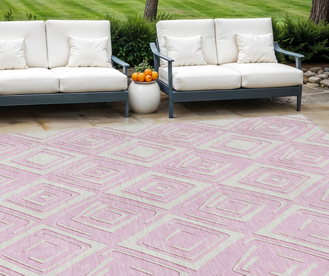 8' X 10' Pink And Ivory Geometric Washable Indoor Outdoor Area Rug