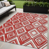 5' X 8' Red And Ivory Geometric Washable Indoor Outdoor Area Rug