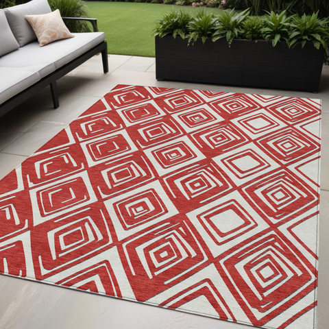 5' X 8' Red And Ivory Geometric Washable Indoor Outdoor Area Rug