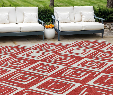 8' X 10' Red And Ivory Geometric Washable Indoor Outdoor Area Rug