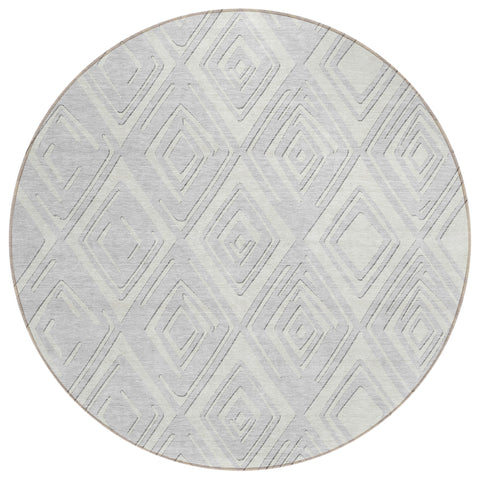 8' Silver And Ivory Round Geometric Washable Indoor Outdoor Area Rug