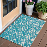 3' X 5' Teal Blue And Ivory Geometric Washable Indoor Outdoor Area Rug
