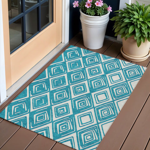 3' X 5' Teal Blue And Ivory Geometric Washable Indoor Outdoor Area Rug