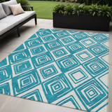 5' X 8' Teal Blue And Ivory Geometric Washable Indoor Outdoor Area Rug