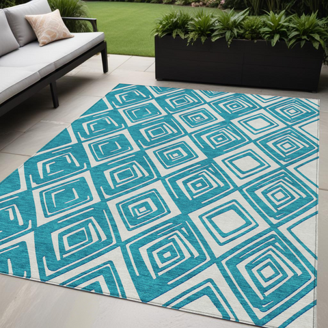 5' X 8' Teal Blue And Ivory Geometric Washable Indoor Outdoor Area Rug