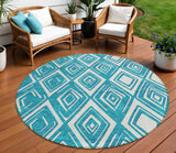 8' Teal Blue And Ivory Round Geometric Washable Indoor Outdoor Area Rug