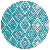 8' Teal Blue And Ivory Round Geometric Washable Indoor Outdoor Area Rug