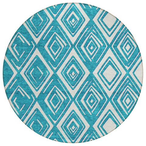 8' Teal Blue And Ivory Round Geometric Washable Indoor Outdoor Area Rug
