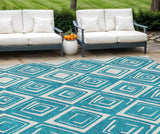 8' X 10' Teal Blue And Ivory Geometric Washable Indoor Outdoor Area Rug