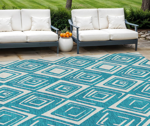 8' X 10' Teal Blue And Ivory Geometric Washable Indoor Outdoor Area Rug