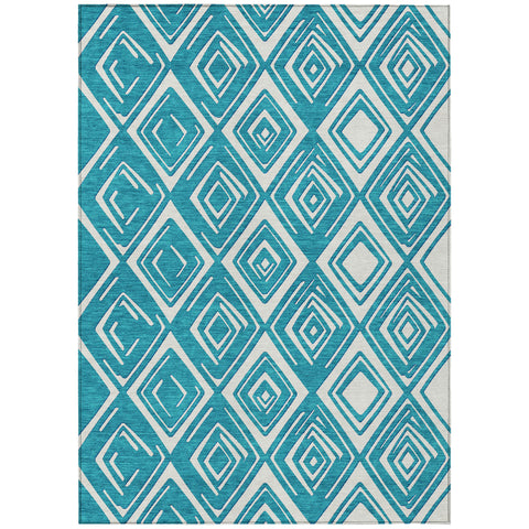 8' X 10' Teal Blue And Ivory Geometric Washable Indoor Outdoor Area Rug