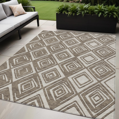 5' X 8' Taupe And Beige Geometric Washable Indoor Outdoor Area Rug