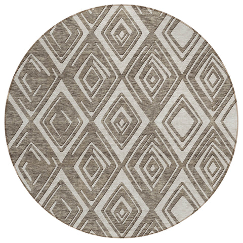 8' Taupe And Beige Round Geometric Washable Indoor Outdoor Area Rug