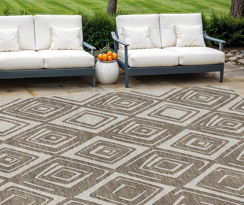 8' X 10' Taupe And Beige Geometric Washable Indoor Outdoor Area Rug