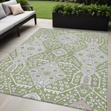 5' X 8' Artichoke Green Ivory And Gray Floral Washable Indoor Outdoor Area Rug