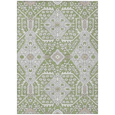 5' X 8' Artichoke Green Ivory And Gray Floral Washable Indoor Outdoor Area Rug