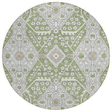 8' Artichoke Green Ivory And Gray Round Floral Washable Indoor Outdoor Area Rug