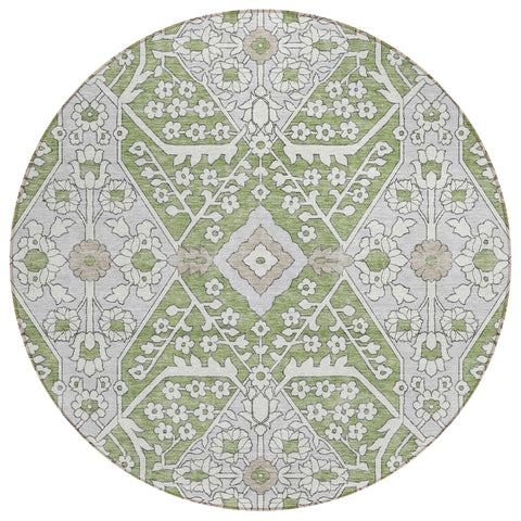 8' Artichoke Green Ivory And Gray Round Floral Washable Indoor Outdoor Area Rug