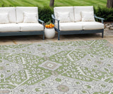 8' X 10' Artichoke Green Ivory And Gray Floral Washable Indoor Outdoor Area Rug