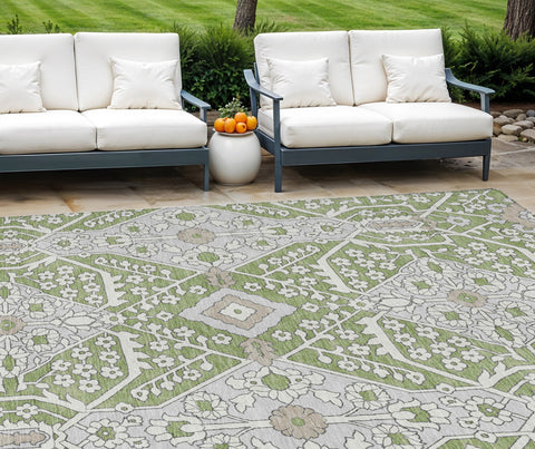 8' X 10' Artichoke Green Ivory And Gray Floral Washable Indoor Outdoor Area Rug