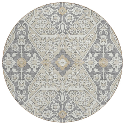 8' Beige Ivory And Gray Round Floral Washable Indoor Outdoor Area Rug
