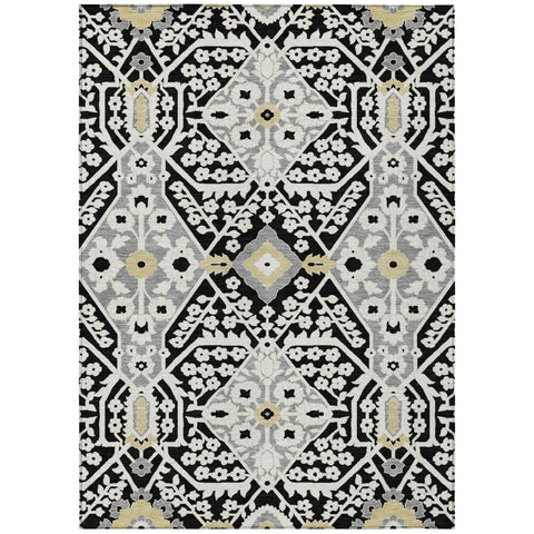 5' X 8' Black Gray And Gold Floral Washable Indoor Outdoor Area Rug
