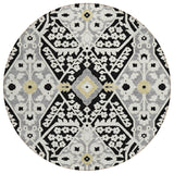 8' Black Gray And Gold Round Floral Washable Indoor Outdoor Area Rug