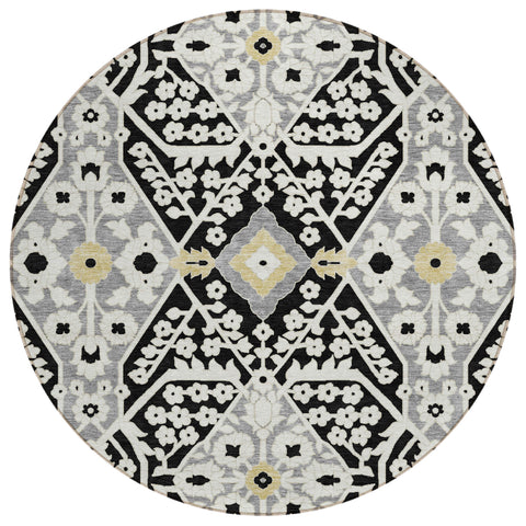 8' Black Gray And Gold Round Floral Washable Indoor Outdoor Area Rug